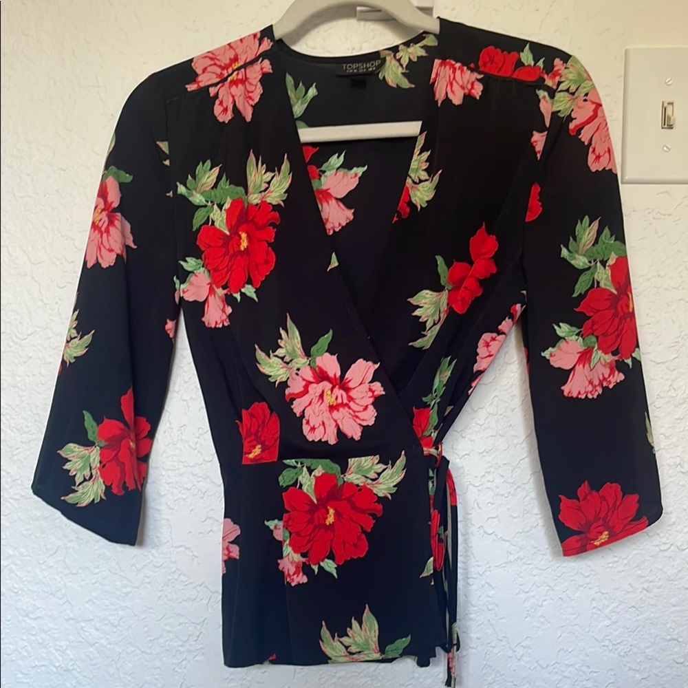 Topshop Black Floral Wrap Top